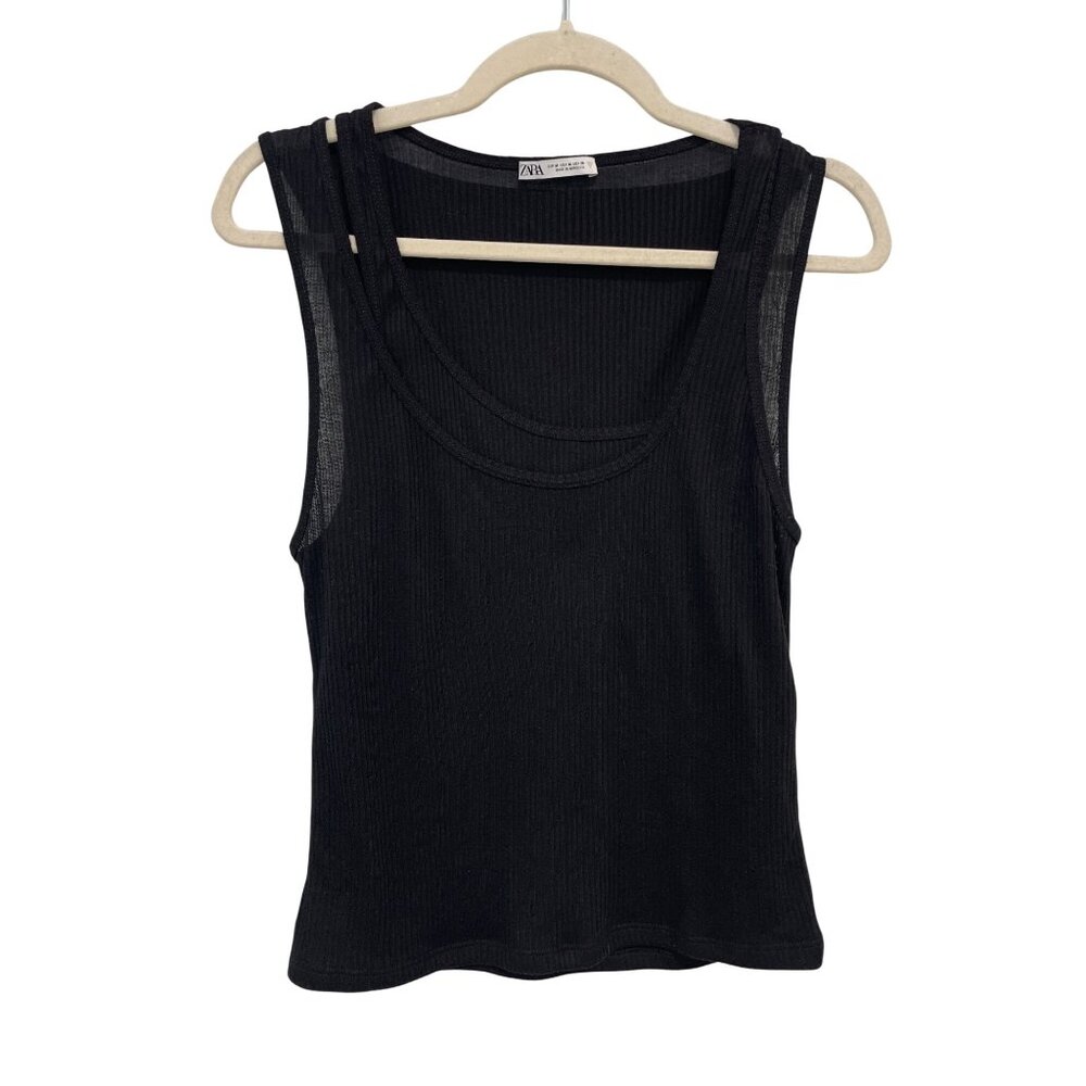 Zara Layered Tank Top Size Medium Sleeveless Scoop Neck Solid Black Summer Wear
